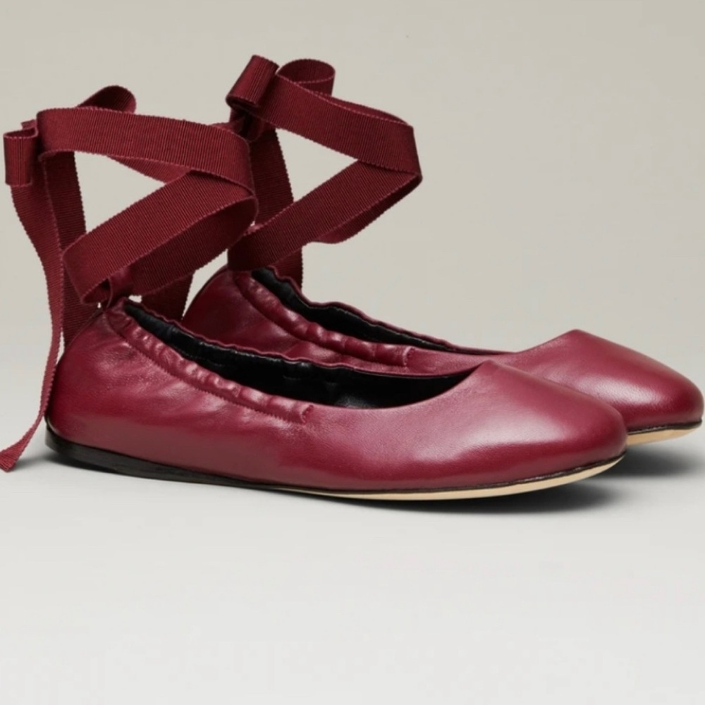 M. Gemi Burgundy Leather Ballet Flats with Ribbon Ankle Ties